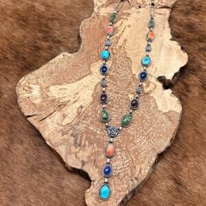 MARY ELLEN PEASE Navajo Sterling Turquoise Lapis Spiny Lariat Necklace Roses